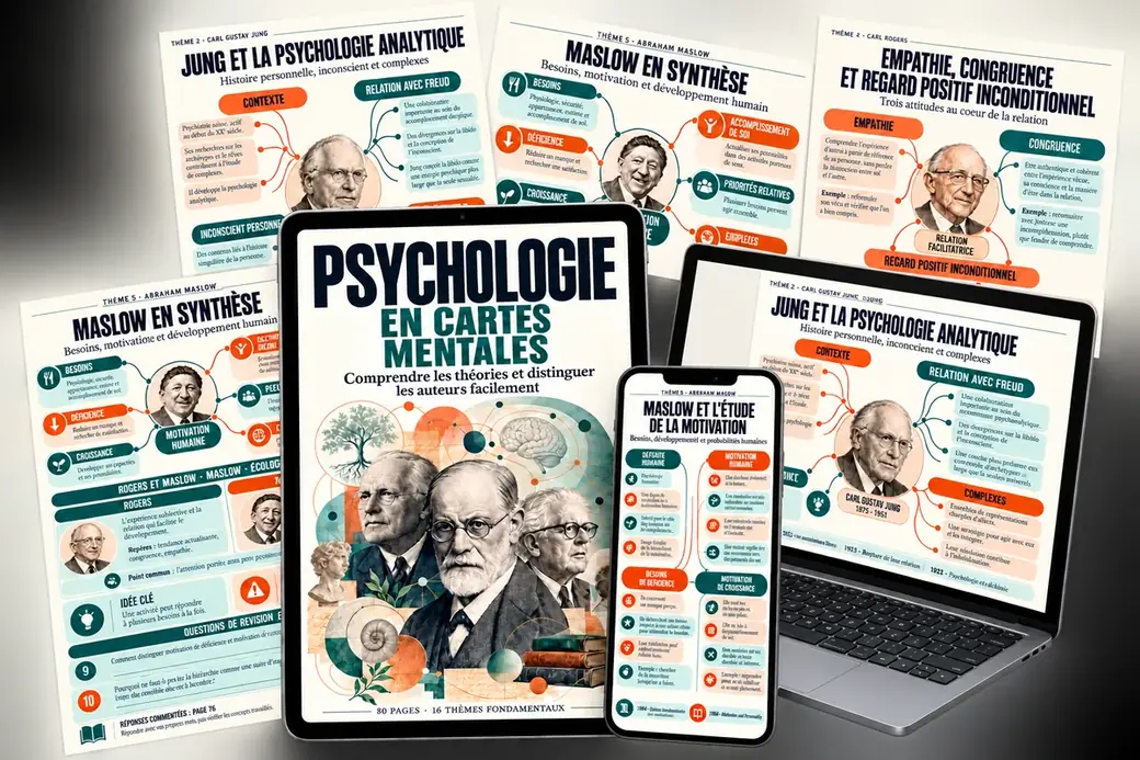 Couverture et pages de Psychologie en Cartes Mentales sur tablette, téléphone et ordinateur